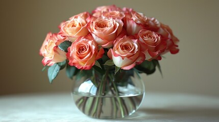  a vase filled with lots of pink roses on top of a white table covered with a white table cloth and a brown wall behind the vase is full of pink roses.