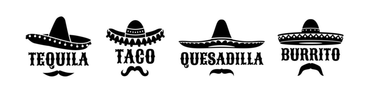 Mexican sombrero with taco and tequila, burrito and quesadilla letterings. Vector silhouettes of mexican carnival mariachi musician of charro cowboy hats set with black moustaches and ethnic ornaments