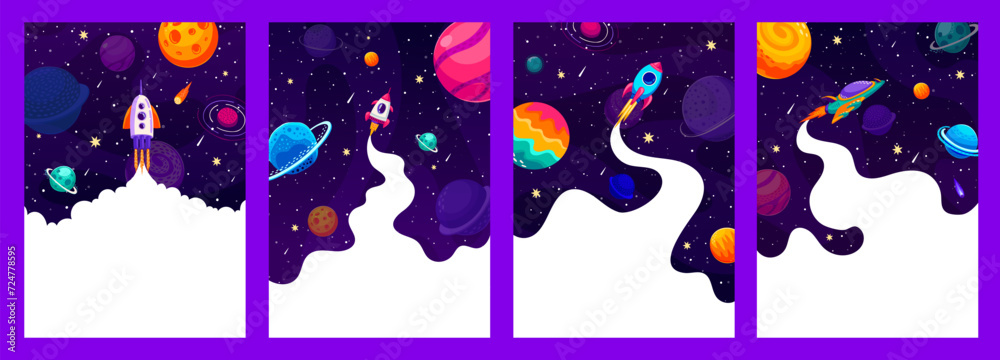 Poster spaceship rocket launch, business fast start up posters for startup project, vector background. busi