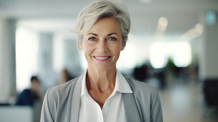 Fototapeta premium Business woman manager smiling at office abstract backgound. Generative ai.