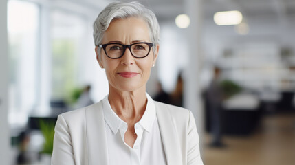 Business woman manager smiling at office abstract backgound. Generative ai.