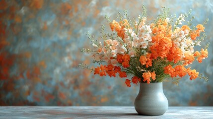  a white vase filled with orange and white flowers on top of a wooden table in front of a blue and gray background with a blurry wall in the background. - obrazy, fototapety, plakaty