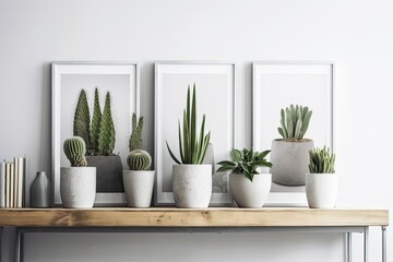 Cactuses in DIY concrete pots with an empty frame in a panoramic perspective against a white wall