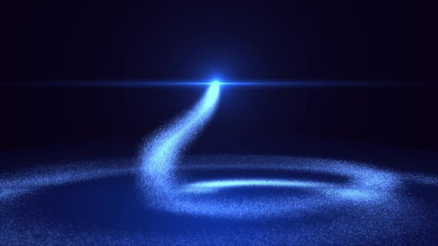 Bright blue neon glowing fast moving bright particles. Light trace of a wave. Particle movement effect. Animation of a magical vortex path on a blue background. Magic sand. 4k 