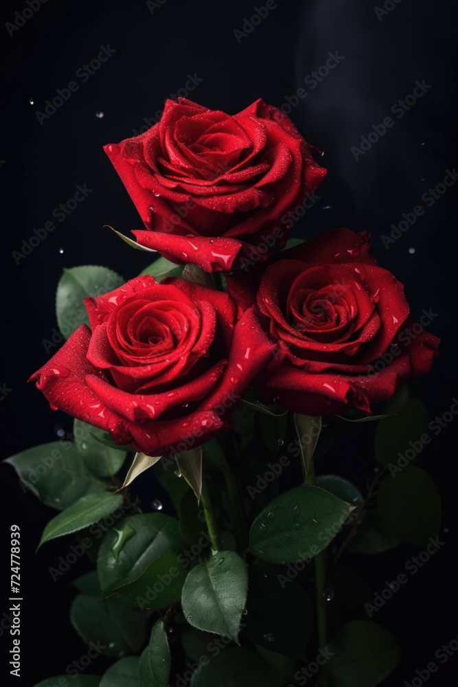 Canvas Prints Three red roses with water droplets. Suitable for romantic occasions and floral themes