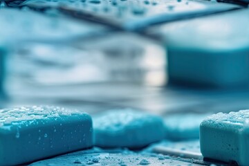 Close up of soap foam on blue bathroom tiles after a shower with a selective focus background - obrazy, fototapety, plakaty