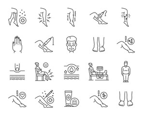 Edema line icons of vector swollen legs, feet and body parts, face and hand. Lymphatic system disease symptoms, varicose veins inflammation and pain. Edema causes, prevention and treatments symbols - obrazy, fototapety, plakaty