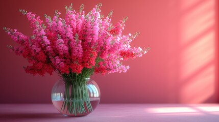  a vase filled with lots of pink flowers on top of a table next to a pink wall and a pink wall behind the vase is a vase filled with pink flowers.