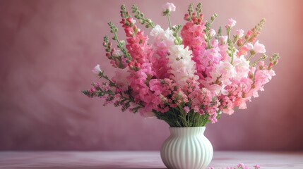  a white vase filled with pink and white flowers on top of a pink table next to confetti sprinkles and a pink wall in the background.
