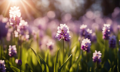delicate purple spring flowers blooming in the morning sunlight