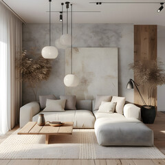 Modern interior japandi style design livingroom. Lighting and sunny scandinavian apartment with plaster and wood. 3d render