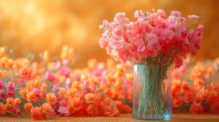  a vase filled with pink and orange flowers on top of a table next to a row of orange and pink flowers on the side of a yellow and orange background. - Powered by Adobe