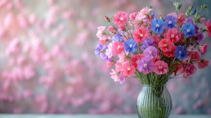  a green vase filled with pink, blue, and purple flowers in front of a wall of pink and purple flowers in front of a backdrop of pink and white flowers.