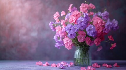  a vase filled with pink and purple flowers on top of a purple cloth covered table next to a purple wall and a purple wall behind it is a vase with pink and purple flowers.