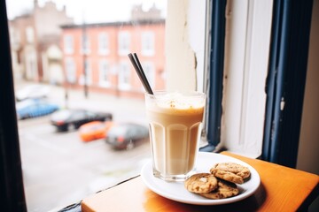 iced chai latte with cookie on the side, on a sunny window sill