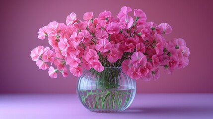 a vase filled with pink flowers sitting on top of a purple table top next to a pink wall and a purple wall behind the vase is filled with pink flowers.
