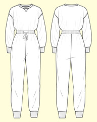 Ladies Jumpsuit with Round Neck and Long Sleeves - Black and White Outline Fashion Flat Sketch with Front and Back View.
