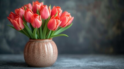  a vase filled with lots of pink flowers on top of a gray table next to a black wall and a black wall behind the vase is a bunch of red tulips of tulips.
