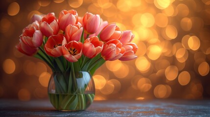  a vase filled with pink tulips sitting on top of a table next to a golden boke of lights in the backgroup of a blurry background.