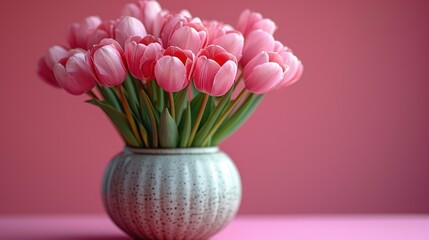  a vase full of pink tulips on a pink surface with a pink wall in the background and a pink wall behind the vase with a bunch of pink tulips in the foreground.