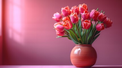  a vase filled with lots of pink tulips sitting on top of a wooden table in front of a pink wall with a pink light coming through the window.