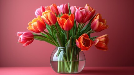  a vase filled with orange and pink tulips on top of a pink counter top next to a pink wall and a pink wall behind the vase is filled with orange and pink tulips.