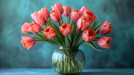  a vase filled with lots of pink tulips on top of a blue and green table next to a teal colored wall with a green wall behind it.