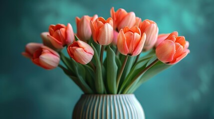  a white vase filled with lots of pink tulips on a blue and green tableclothed wall behind a teal green wall with a blue back ground.