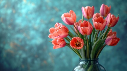  a vase filled with lots of pink flowers on top of a wooden table next to a teal colored wall and a blue wall behind the vase is filled with pink tulips of tulips.
