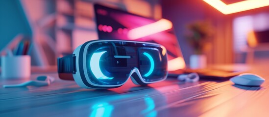 Abstract VR glasses on a blurred office desktop background with a laptop keyboard and other objects, representing a device and augmented reality concept. (3D Rendering)