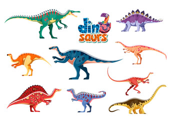 Isolated dinosaurs cute cartoon characters. Suchomimus, Dravidosaurus, Probactrosaurus and Aralosaurus, Archaeornithomimus, Ouranosaurus and Alectrosaurus, Hypselosaurus dinosaurs vector personages
