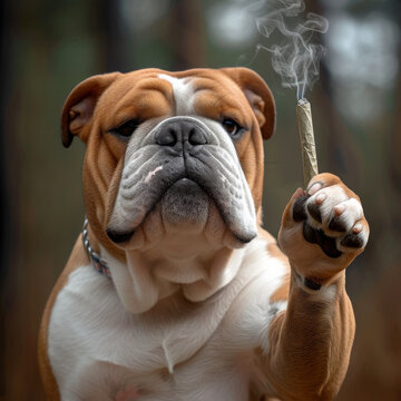 A majestic bulldog proudly holds a marijuana joint in its snout, showcasing its playful nature and love for the great outdoors