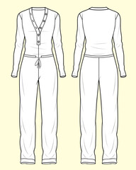Ladies' V-Neck Long Sleeve Jumpsuit - Black and White Fashion Flat Sketch with Front and Back View.