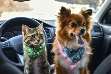 fluffy dog and cat wearing bandanas in car front seat - obrazy, fototapety, plakaty