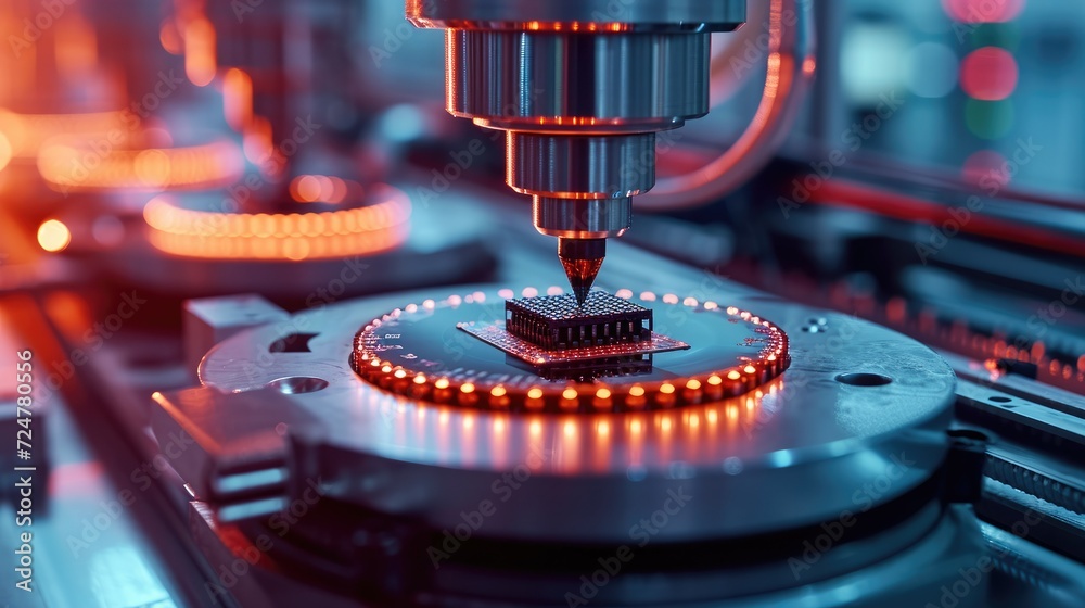 Poster silicon dies are being attached to substrate by pick and place machine on semiconductor factory, com