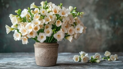  a vase filled with white flowers sitting on top of a table next to a pile of smaller white flowers on the side of a gray surface next to a pile of smaller white flowers.