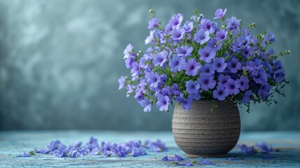  a vase filled with purple flowers sitting on top of a blue table next to a pile of purple flowers on top of a blue table cloth covered with purple petals. - Powered by Adobe