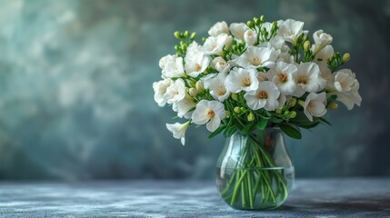  a vase filled with white flowers sitting on top of a table next to a green vase filled with white flowers on top of a wooden table next to a blue wall.