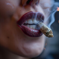 A fierce woman with red lips and a lit marijuana joint, her skin glowing in the closeup as she confidently blows smoke from her perfectly placed teeth