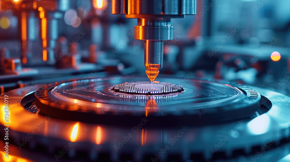Poster silicon dies are being attached to substrate by pick and place machine on semiconductor factory, com
