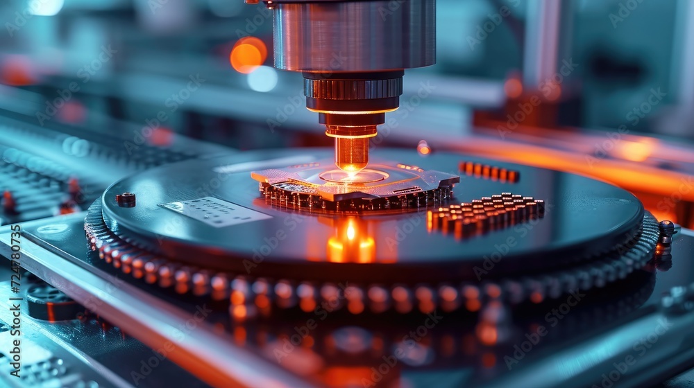 Poster Silicon Dies are being Attached to Substrate by Pick and Place Machine on Semiconductor Factory, Computer Chip Manufacturing, Semiconductor Packaging Process. Generative AI.