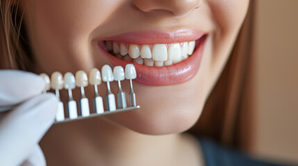 Dentist choosing teeth enamel shade color for young smiling female patient before whitening procedure
