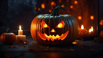 a halloween pumpkin with glowing eyes and a candle, halloween pumpkin on a dark background