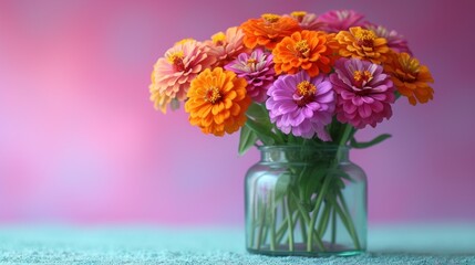  a glass vase filled with colorful flowers on top of a blue carpeted floor with a pink wall in the backround behind the vase is a pink background.