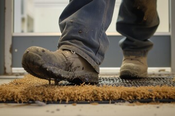 worker stepping on a greasy doormat