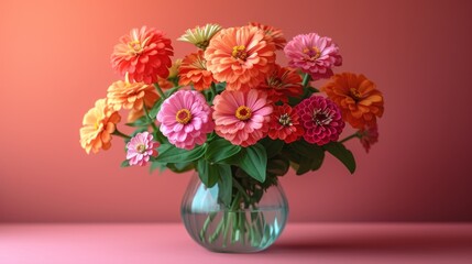  a vase filled with lots of colorful flowers on a pink table top with a pink wall behind it and a pink wall behind the vase with a bunch of flowers in it.