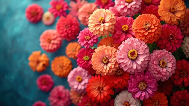  a bunch of colorful flowers sitting on top of a blue and green surface with lots of pink and orange flowers in the middle of the picture and bottom half of the picture.