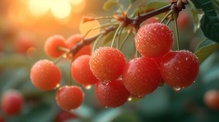  a bunch of cherries hanging from a tree with drops of water on them and the sun shining in the backround of the picture behind the cherries.