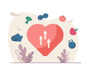 Healthy heart and healthy lifestyle choice concept. Huge heart vector illustration with dumbbell, kettlebell, vegetables, fruit, yoga mat.