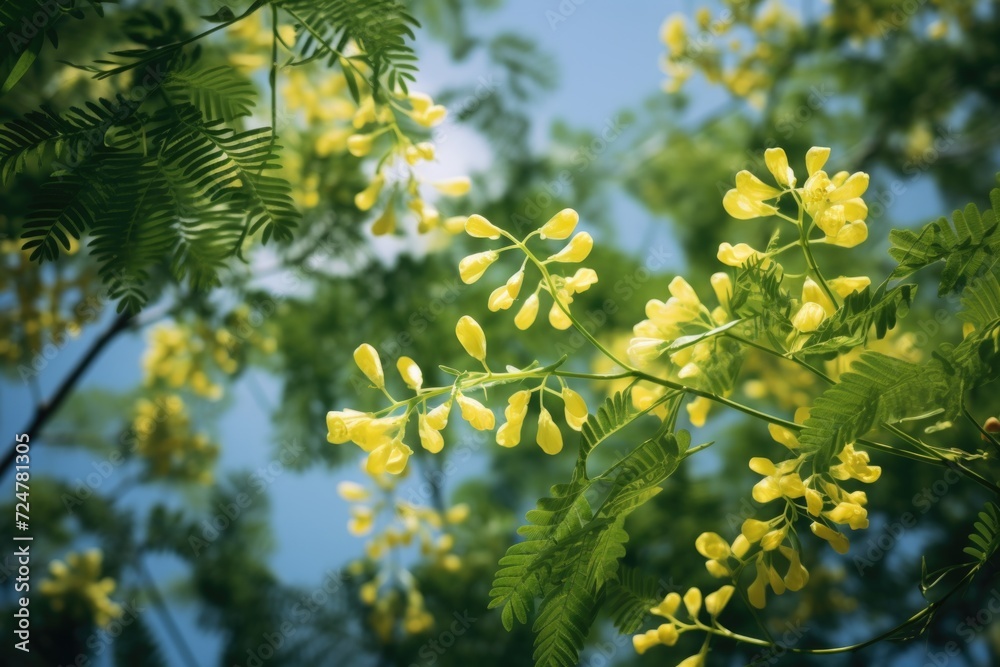 Poster a detailed view of a tree showcasing its vibrant yellow flowers. perfect for adding a touch of natur